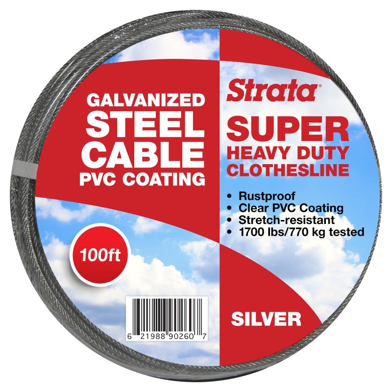 Strata 100 Feet Clothesline Outdoor Heavy Duty Galvanized Wire Steel Cable, Silver PVC Coating - Clothes Line Wires for Outside Laundry Drying - Image 1